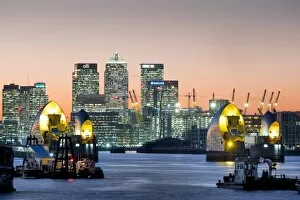 City Of London Collection: Canary Wharf with Thames Barrier, London, England, United Kingdom, Europe