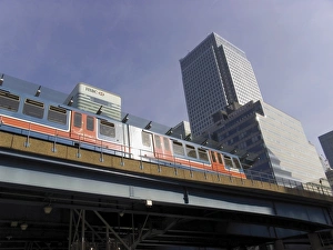 Docklands Prints: Canary Wharf tower and West India Dock, Docklands Light Railway station