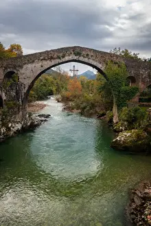 Leon Prints: Cangas de Onis historic medieval Roman bridge over the Sella River in Picos de Europa