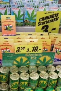 Text Prints: Cannabis seed starter kits, Bloemenmarkt (flower market), Amsterdam, Netherlands, Europe