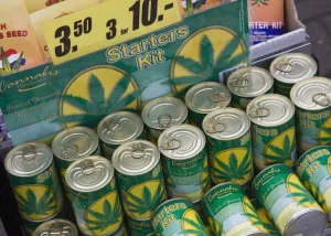 Stalls Prints: Cannabis seed starter kits for sale in the Bloemenmarkt flower market, Amsterdam
