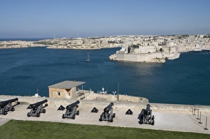 Barracca Gardens Prints: Cannon in Barracca Gardens, Fort St. Angelo across the water, Valletta