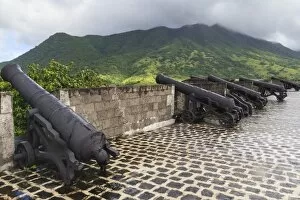 Cannons and green hills, Brimstone Hill Fortress, UNESCO World Heritage Site, St. Kitts, St