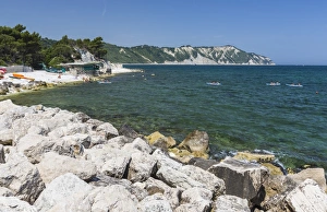 Canoe Prints: Canoe in the bay surrounded by the turquoise sea, Province of Ancona, Conero Riviera