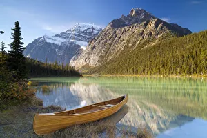 Canoe Prints: Canoe at Cavell Lake with Mount Edith Cavell in the Background, Jasper National Park