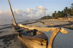 Canoeing Prints: Canoe pulled up onto beach at dusk