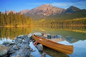 Canadian Prints: Canoe at Pyramid Lake with Pyramid Mountain in the background, Jasper National Park