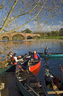 Canoeists on the River Eden at Eden Bridge, Lazonby, Eden Valley, Cumbria