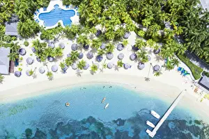 Swimming Pools Prints: Canoes floating in the tropical lagoon of luxury resort with swimming pool on palm fringed beach