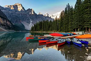 Canoe Prints: Canoes at sunrise at Lake Moraine