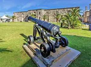 Royal Naval Dockyard Prints: A canon outside the Victualling Warehouse at the disused Royal Naval Dockyard
