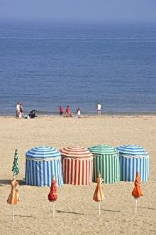 Normandie Prints: Canvass beach cabins, beach and sea, Trouville sur Mer, Normandy, France, Europe