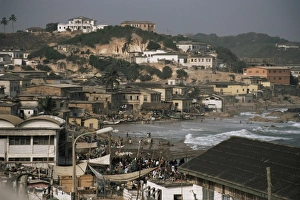 Cape Coast town and harbour from the castle, Ghana, West Africa, Africa