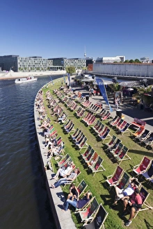 Public Park Prints: Capital Beach bar at Spreebogen Park, TV Tower, Berlin, Germany, Europe