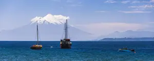 Puerto Varas Prints: Capitan Hse Traditional Sailing Ship on Llanquihue Lake with Osorno Volcano behind