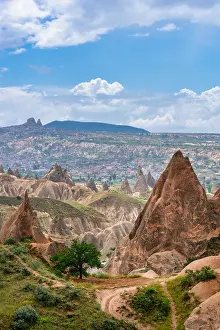Cappadocia Prints: Cappadocia rock formations in red and rose valley with Ortahisar city visible in the background of a vibrant landscape