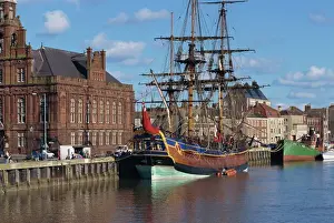 Norfolk Prints: Captain Cooks ship moored on the quay in the harbour at Great Yarmouth