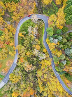 Autumnal Prints: A car driving along the mountain road on an autumn day