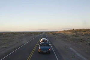 Motoring Prints: Car driving through the Pampa, Argentina, South America