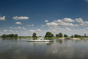 Saxony Anhalt Prints: Car and passenger ferry crossing Elbe River, Rogatz, Saxony-Anhalt, Germany, Europe