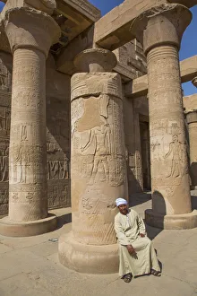 Hieroglyph Prints: Caretaker, Columns with Reliefs, Temple of Sobek and Haroeris, Kom Ombo, Egypt