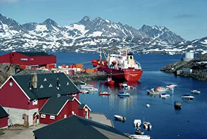 Greenland Prints: Cargo ship with freight on the quay