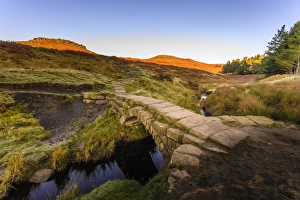Higger Tor Prints: Carl Wark and Higger Tor, autumn sunrise, from Burbage Brook, Hathersage Moor, Peak