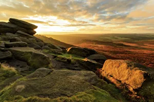 Higger Tor Prints: Carl Wark Hill Fort and Hathersage Moor from Higger Tor, sunrise in autumn, Peak