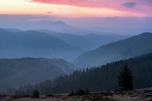 Dramatic Landscape Gallery: Carpathian Mountains landscape during a misty sunrise, Ranca, Oltenia Region, Romania