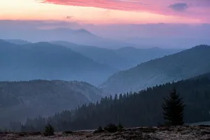 Dramatic Landscape Gallery: Carpathian Mountains landscape during a misty sunrise, Ranca, Oltenia Region, Romania