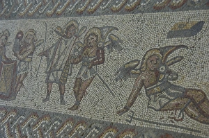Mosaics Prints: Detail of carpet border in mosaic dating from 350 AD, Roman Villa, Bignor