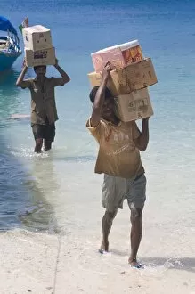 Carriers carrying huge boxes out from a boat, Havelock Island, Andaman Islands