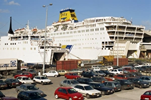 Athen Prints: Cars in front of the Ro-Ro ferry at the port of Piraeus
