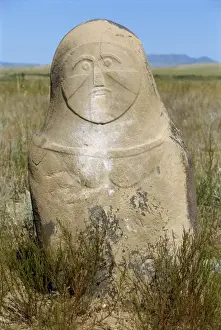 Xinjiang Prints: Carved figure at the Kayinarl Tombs, Turkic from 2nd century BC to 7th century AD