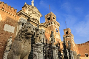 Castello Prints: Carved lions and statues, Porta Magna, Arsenale, in winter afternoon sun, Castello