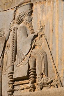 Typically Iranian Prints: Carved relief of Darius the Great, builder of Persepolis, UNESCO World Heritage Site