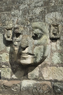 Honduras Prints: Carved stone face on the steps of the East Court, Copan Archaeological Park