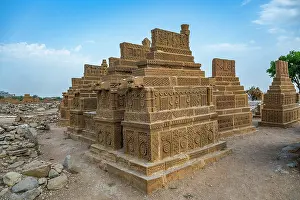 Artistry Prints: Carved stone structures surrounded by ancient history in Chaukhandi tombs Karachi Pakistan