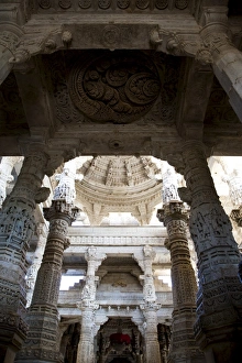 Carved white marble interior of Ranakpur Jain Temple, near Udaipur, Rajasthan