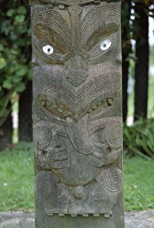 Pacific Rim Prints: Carved wooden panel at a Maori marae or meeting house