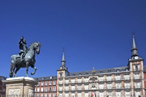Plaza Mayor Prints: Casa Panaderia and statue of Felipe III on a horse, Plaza Mayor, Madrid, Spain, Europe