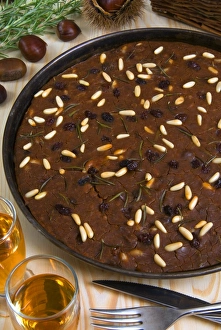 Dessert Prints: Castagnaccio, pie of chestnut flour with raisins, rosemary and pine nuts