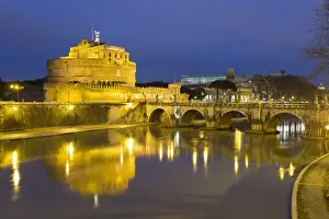 River Tiber Prints: Castel Sant Angelo and Ponte Sant Angelo on the River Tiber at night, Rome, Lazio