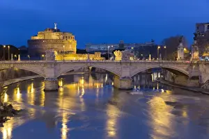 River Tiber Prints: Castel Sant Angelo and Ponte Vittorio Emanuelle II on the River Tiber at night, Rome