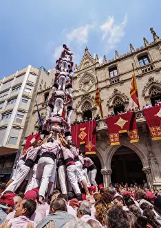 Castell human tower in front of the City Hall during the Festa Major Festival, Terrassa