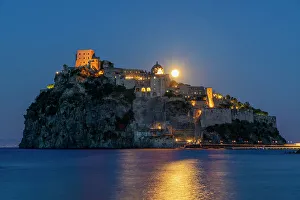 Moon Prints: Castello Aragonese at dusk, Island of Ischia, Campania, Italy, Europe