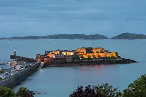Guernsey Prints: Castle Cornet at dusk standing on a former tidal island at the entrance of St Peter Port harbour