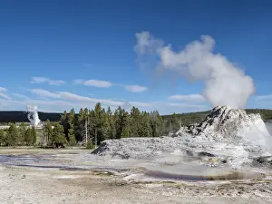 Geyser Prints: Castle Geyser steaming, with Old Faithful erupting behind, in Yellowstone National Park