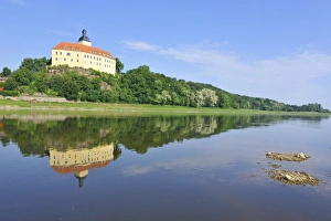 River Elbe Prints: Castle Hirschstein reflected in the River Elbe, Saxony, Germany, Europe