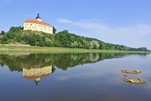 Castle Hirschstein reflected in the River Elbe, Saxony, Germany, Europe